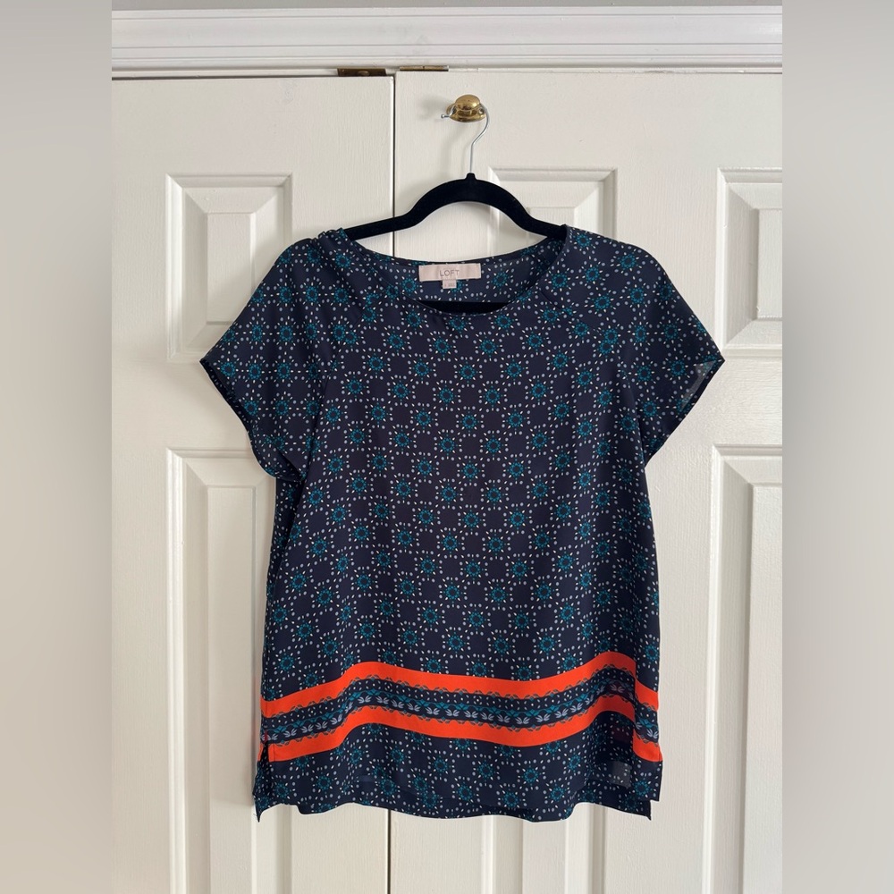 LOFT Geometric Navy and Orange Blouse